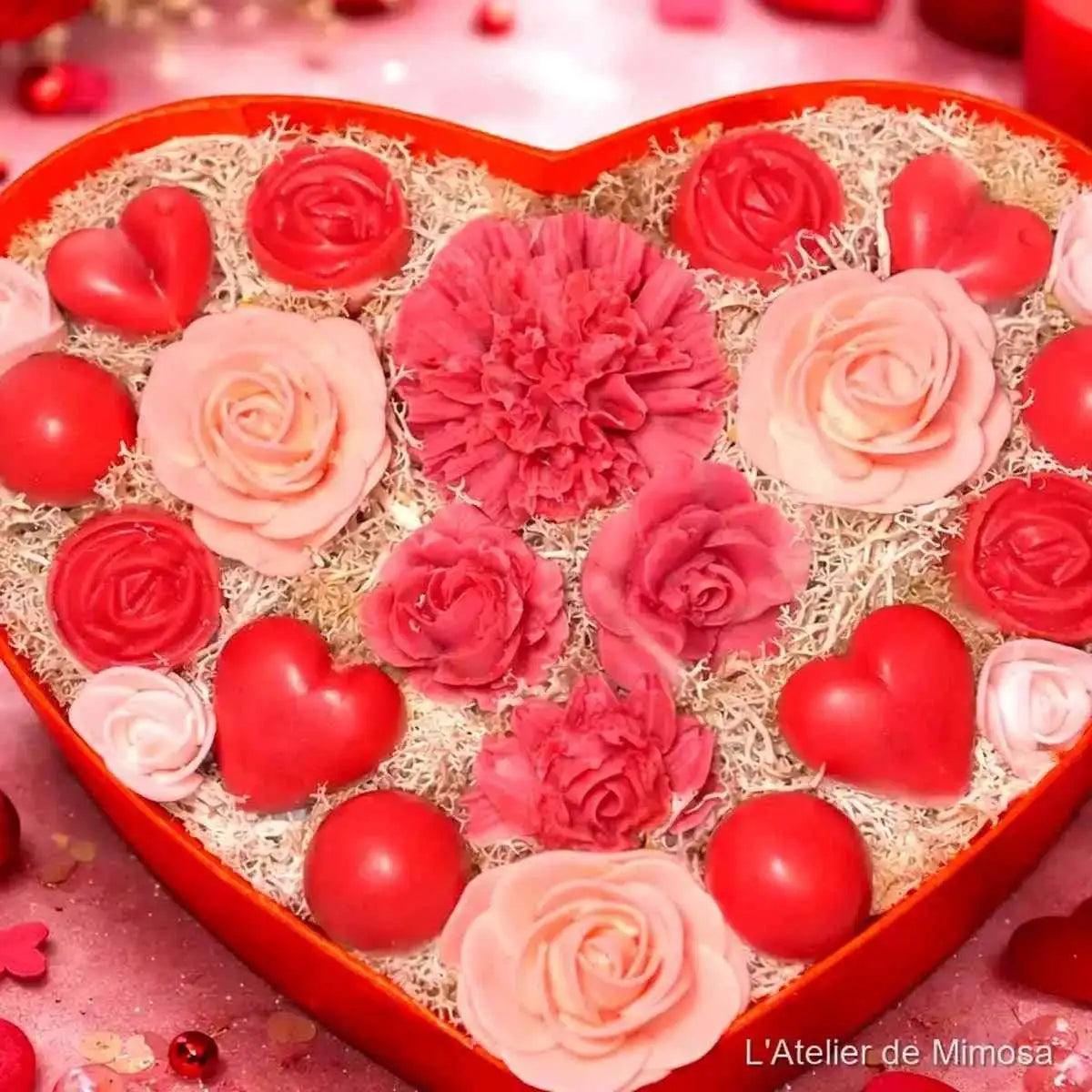 Coffret cœur fondants parfumés rouge et rose, décoration artisanale
