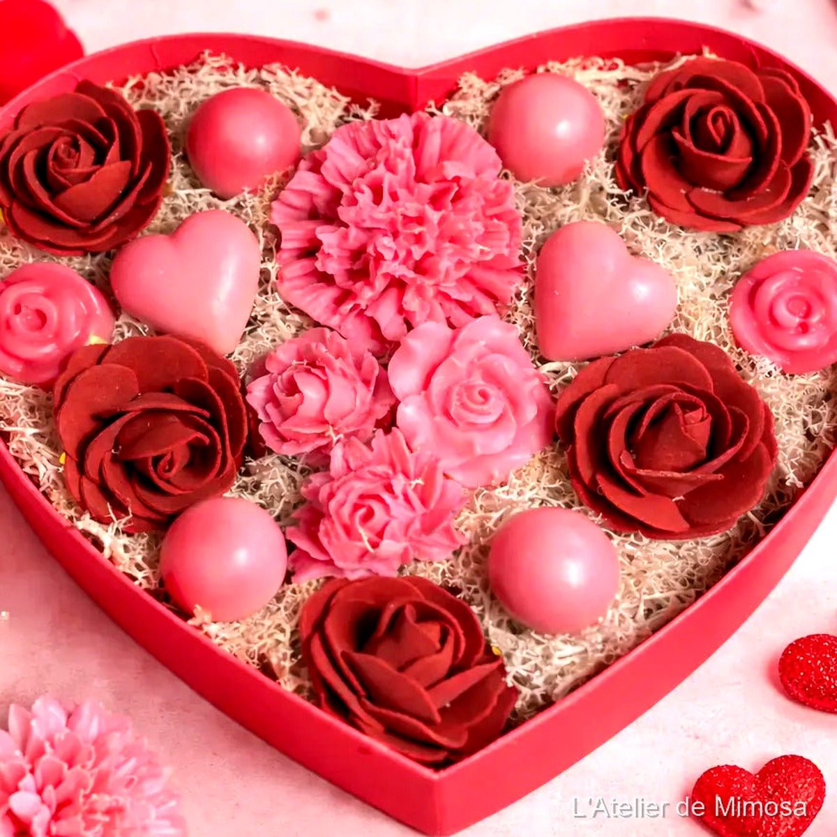 Coffret fondants parfumés romantique douceur rose pâle artisanal L'Atelier de Mimosa