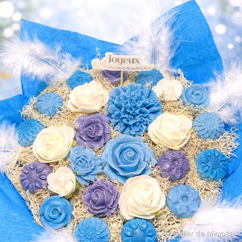 Coffret anniversaire fondants parfumés bouquet bleu blanc artisanal