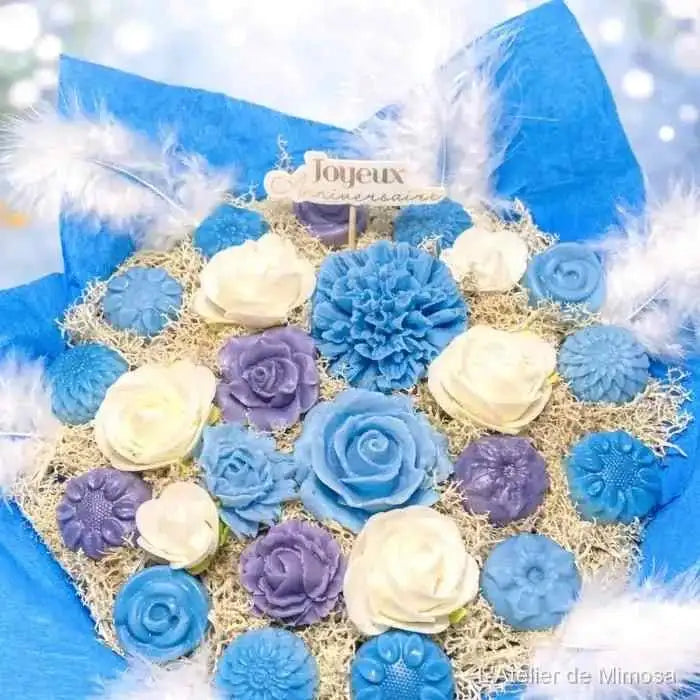 Coffret fondants parfumés anniversaire bleu et blanc, artisanal