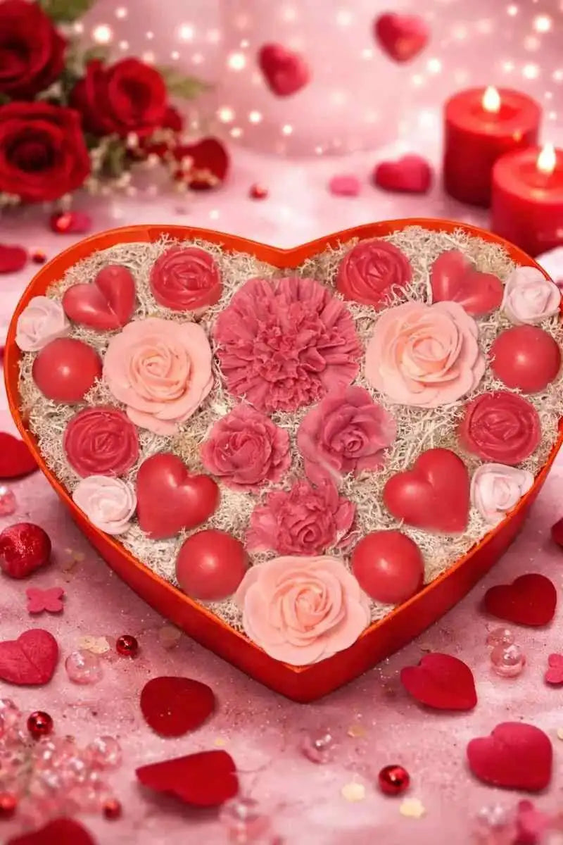 Coffret cœur fondants parfumés rouge et rose, décoration artisanale