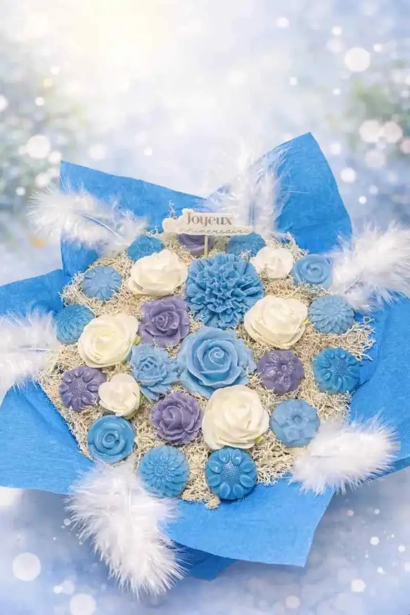 Coffret fondants parfumés anniversaire bleu et blanc, artisanal