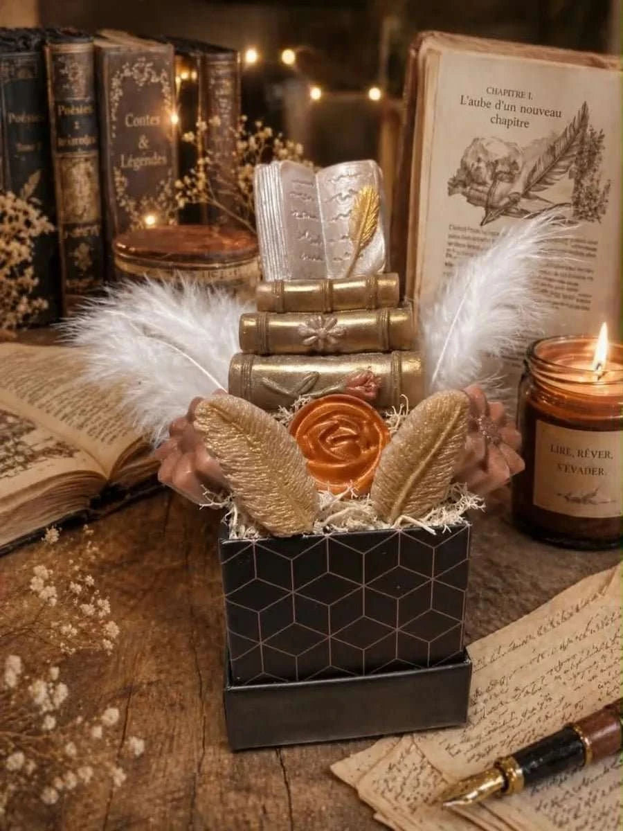 Coffret fondants parfumés bibliothèque enchantée, forme livres et plumes