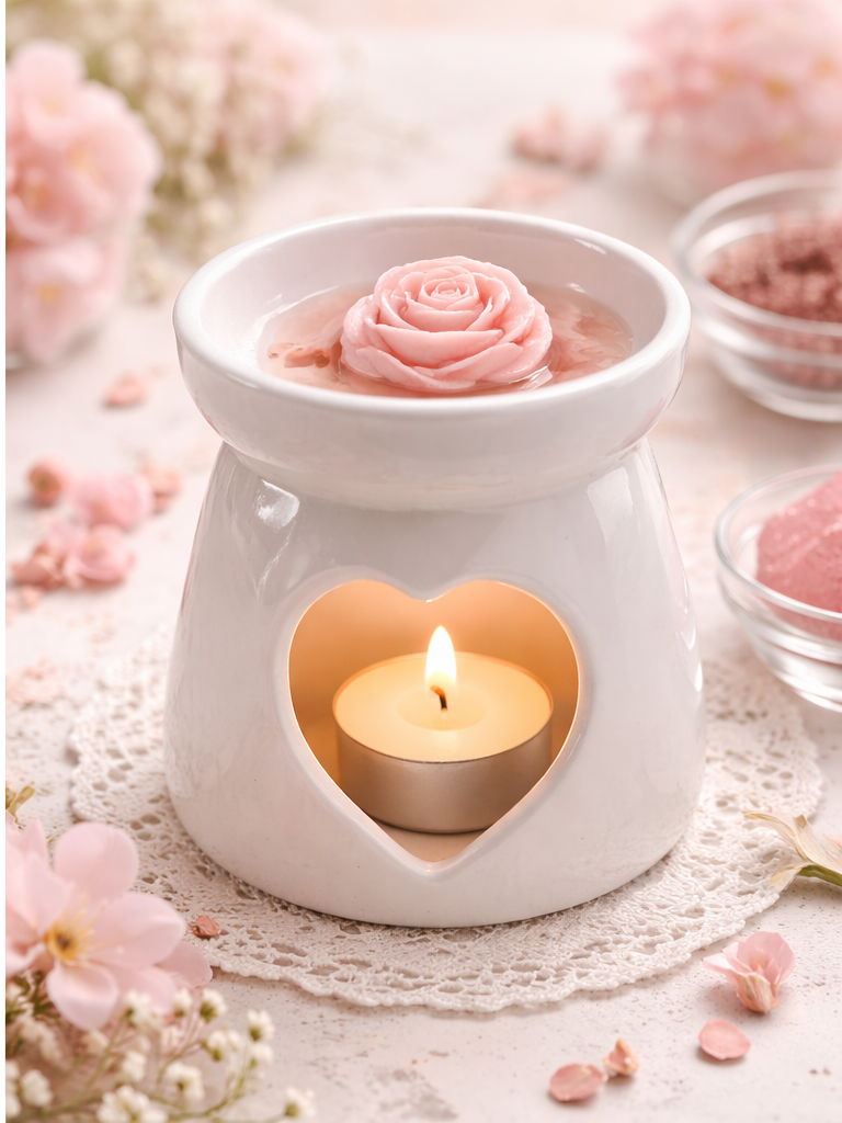 Brûleur à bougie allumé avec un fondant parfumé en train de fondre
