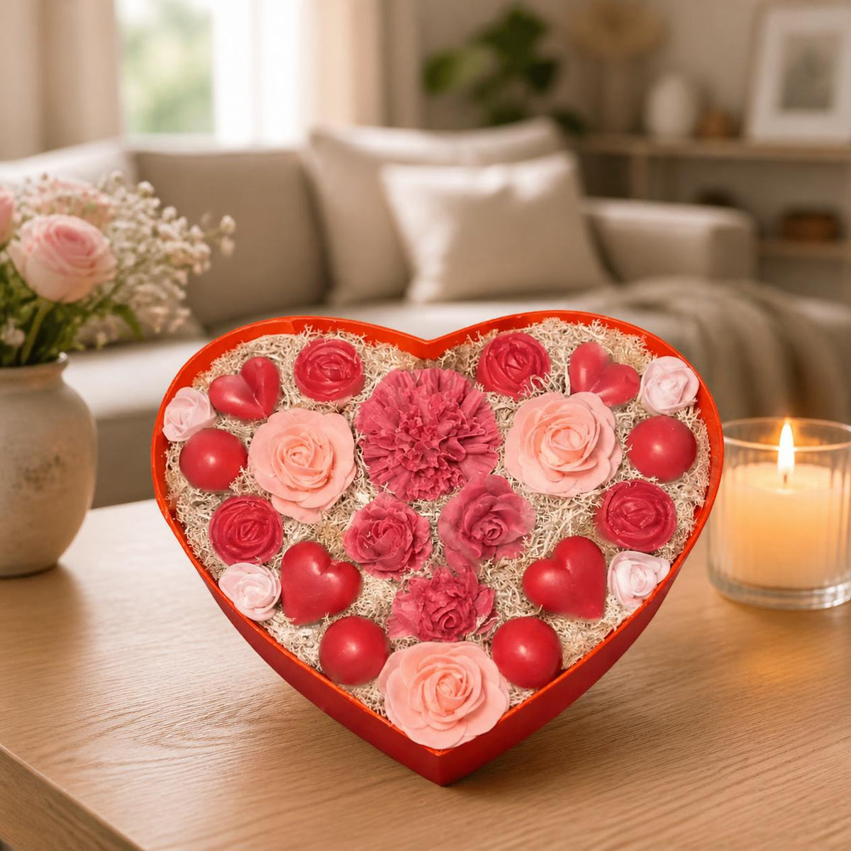 Coffret Cœur fondants rouge et rose dans un salon