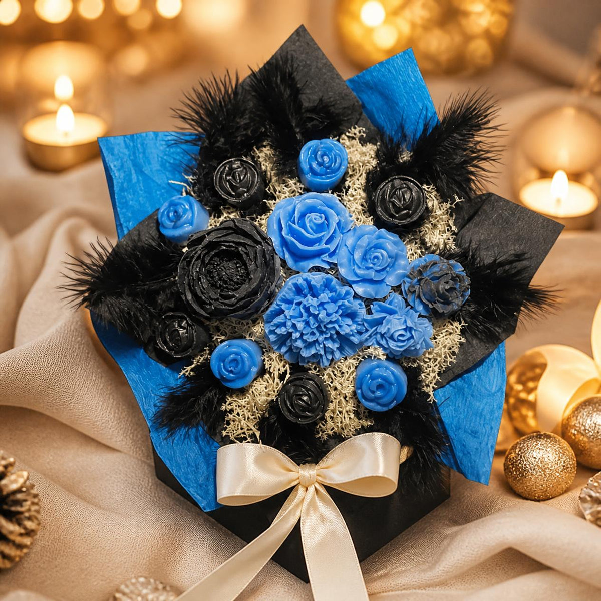 Bouquet Élégance Noir et Bleu de fondants en idée cadeau