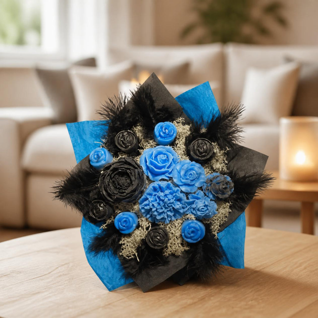 Bouquet Élégance Noir et Bleu de fondants dans un salon
